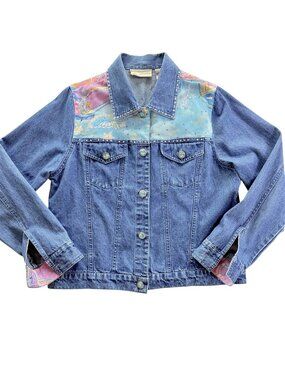 VTG Carrie Allen Denim Jacket L Blue Jean Rhinestone Paisley Patchwork Turquoise
